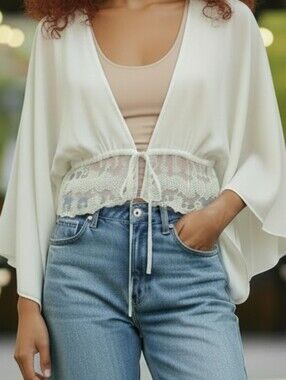 Rebellion Ivory Lace Tie-Front Boho Top | Kimono Sleeve | Large
